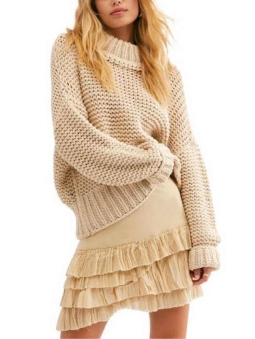 Free People My Only Sunshine Sweater Womens XS Beige Chunky Knit Mock Neck